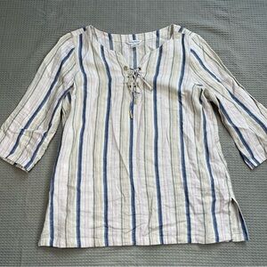 Tommy Bahama Linen Blend Tunic Top Large Womens Metallic Stripe Tie Neck